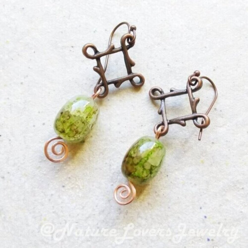 Head Turners! Beautifully Green Glass Beads + Copper Hardware Dangle Earrings
